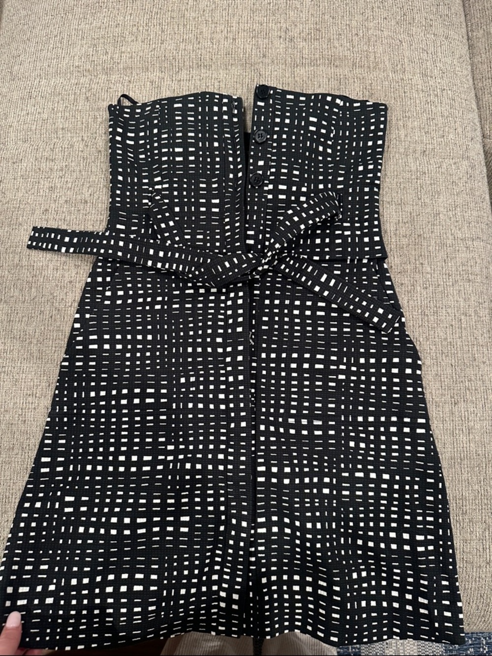 Theory Black and White Strapless Grid Dress with Waist Tie